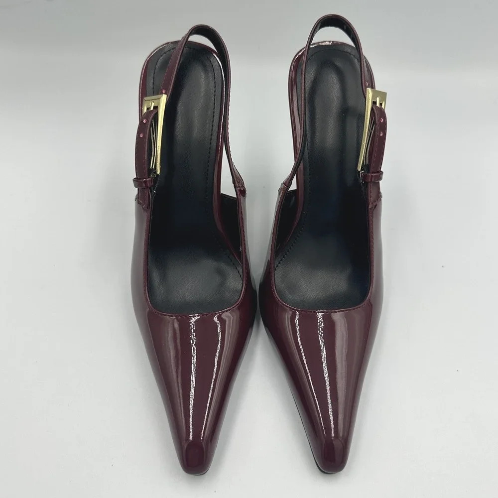 Burgundy Patent Pointed Toe Slingback Pumps 4in Gold Architectural Heel EU36 US6